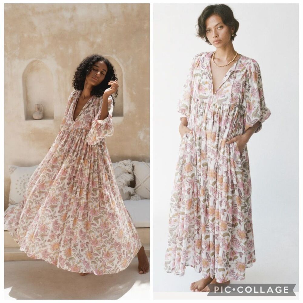 Floral leaf printed boho flowy ballon sleeve relaxed fit maxi dress